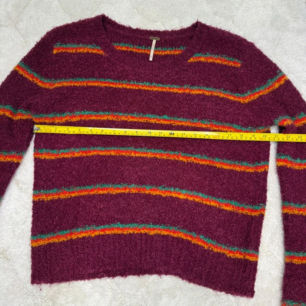 Free People Alpaca Blend Sweater Womens M Burgundy Striped Boucle Boho Pullover